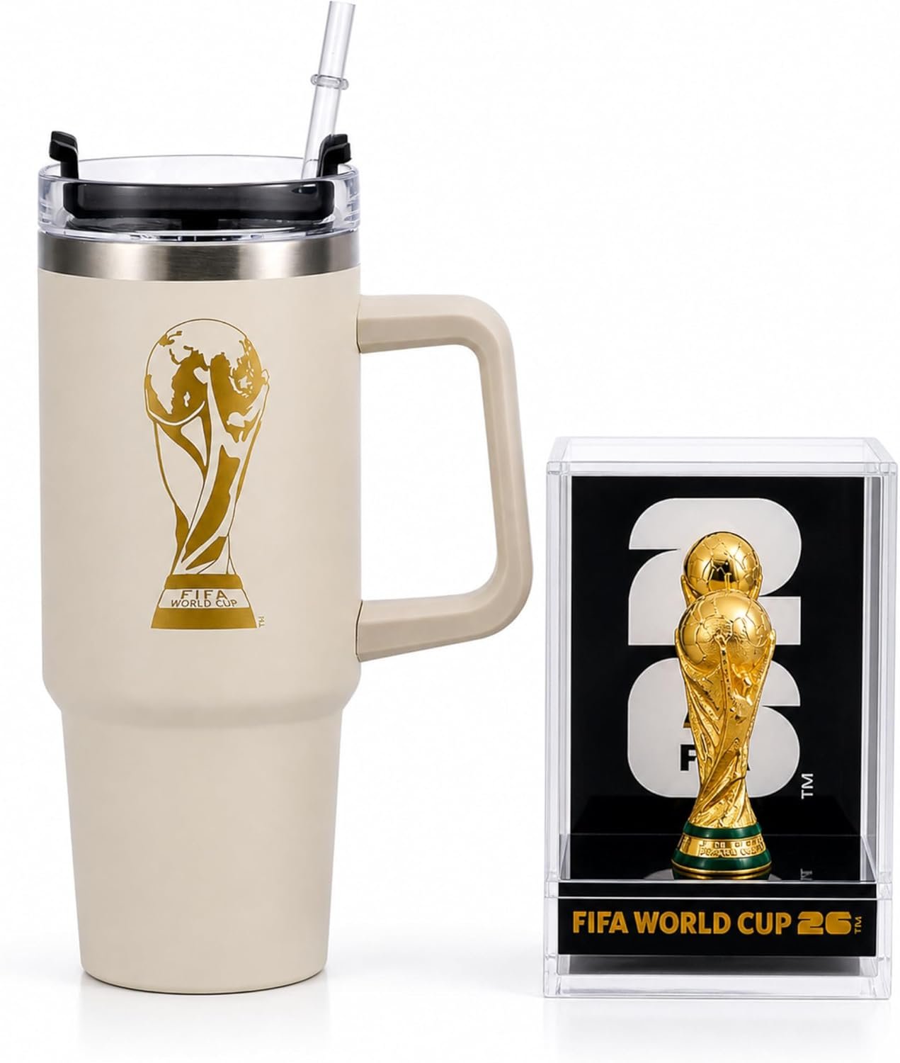 Official FIFA World Cup 2026 Edition - 3 Inch 3D Trophy Inside Acrylic Case + White 30oz 